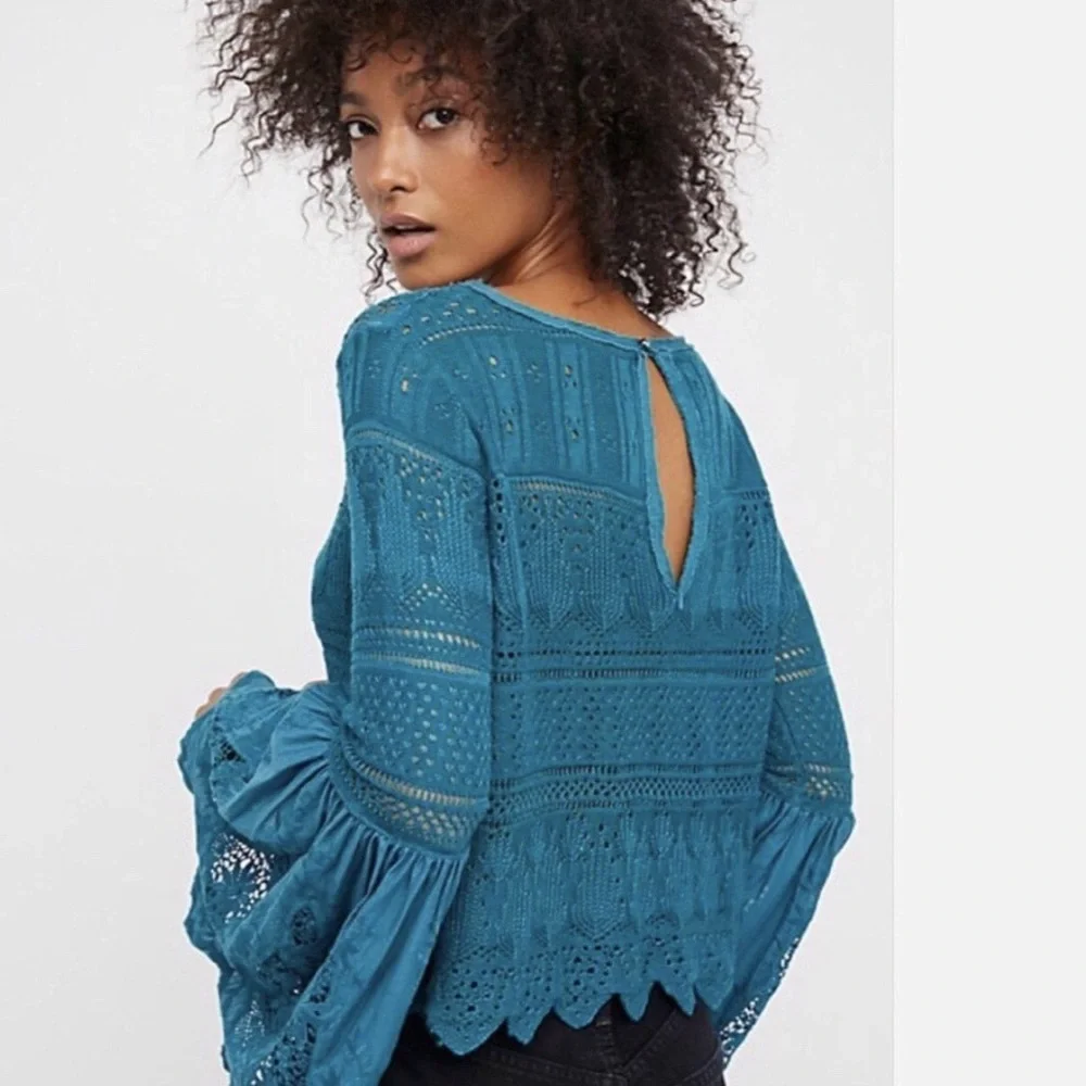 Free People Teal Lace Crochet Long Sleeve Blouse